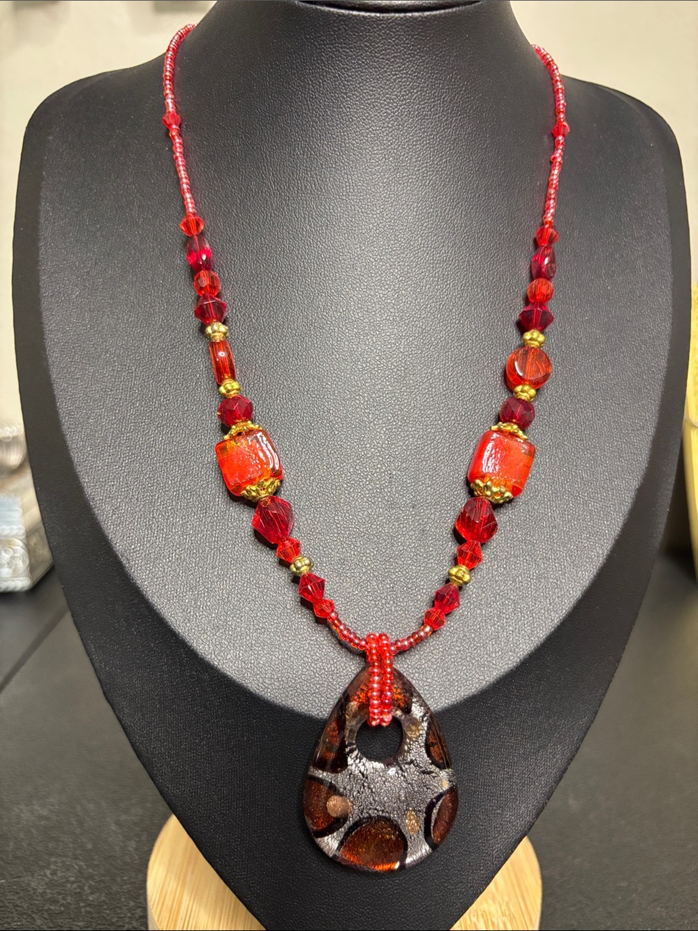 Handcrafted Dichroic Red Bead & Glass Pendant Necklace Boho